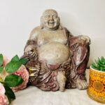 Resin Fengshui Figurine Laughing Buddha Sitting on Luck Money Coins Carrying Golden Ingot for Good Luck & Happiness