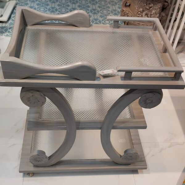 Elegant Serving Trolley in Grey Teak Wood
