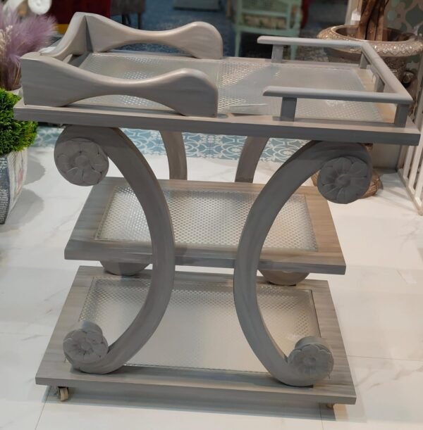 Elegant Serving Trolley in Grey Teak Wood