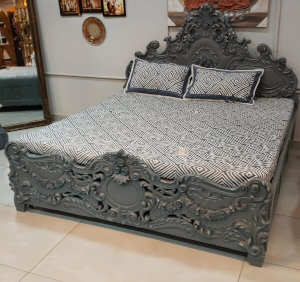 Elevate Your Bedroom with Our Silver Grey Teak Wood Box Bed